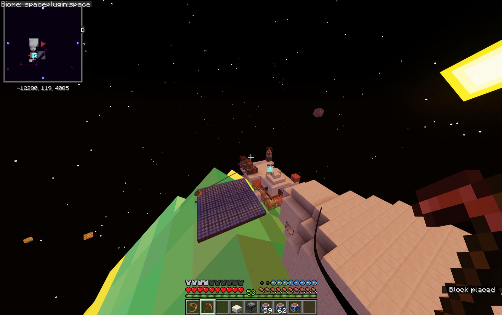A player performing an EVA above an orbital Station with a visible safety tether