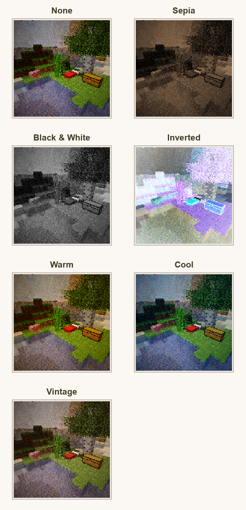 None, Sepia, Black and White, Inverted, Warm, Cool, and Vintage filter comparison